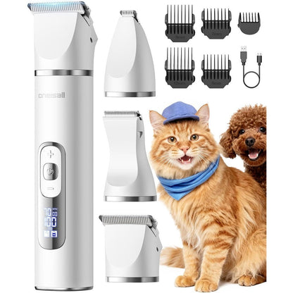 Oneisall quiet cat clippers front view showing white ergonomic body and digital LCD display screen.