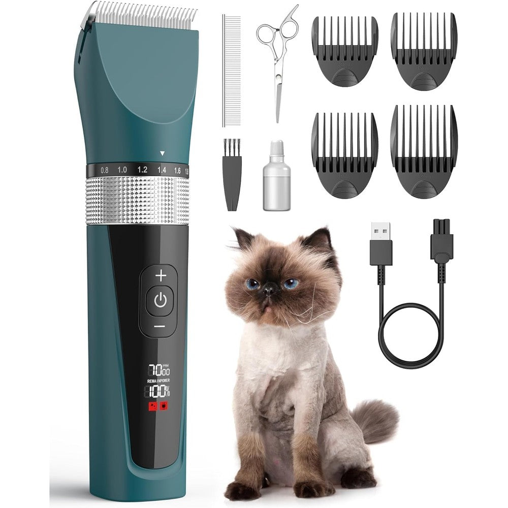Oneisall cat clippers for matted hair front view showing green body and digital display