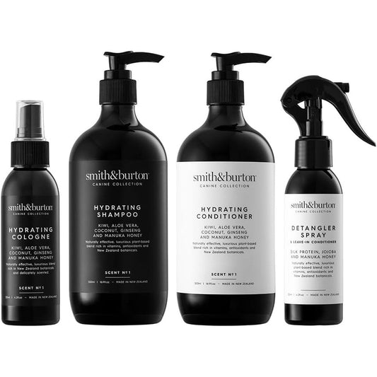 Smith and Burton Hydrating Luxe Set front view showing four premium dog grooming bottles