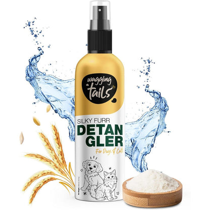 Wagging Tails Silky Furr Pet Detangler Spray front view showcasing professional grooming packaging.