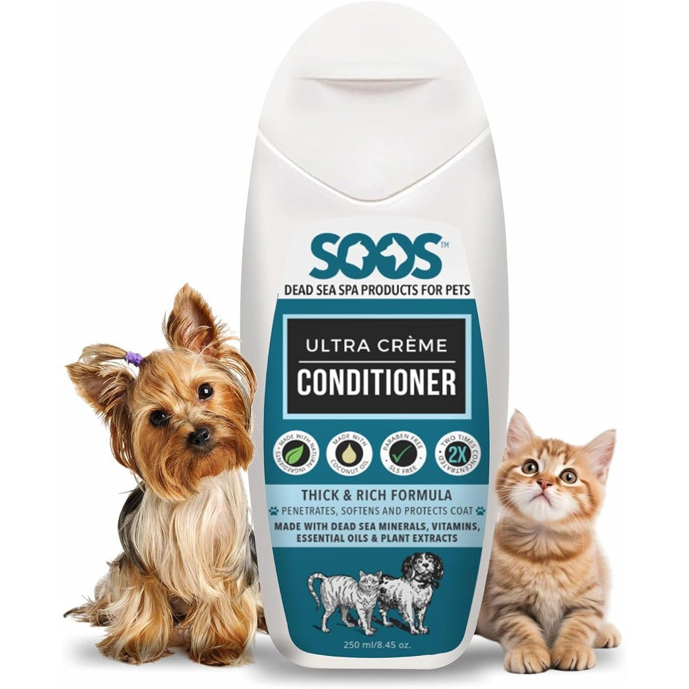 Soos Pets Ultra Creme Pet Conditioner front view bottle for premium dog and cat coat grooming.