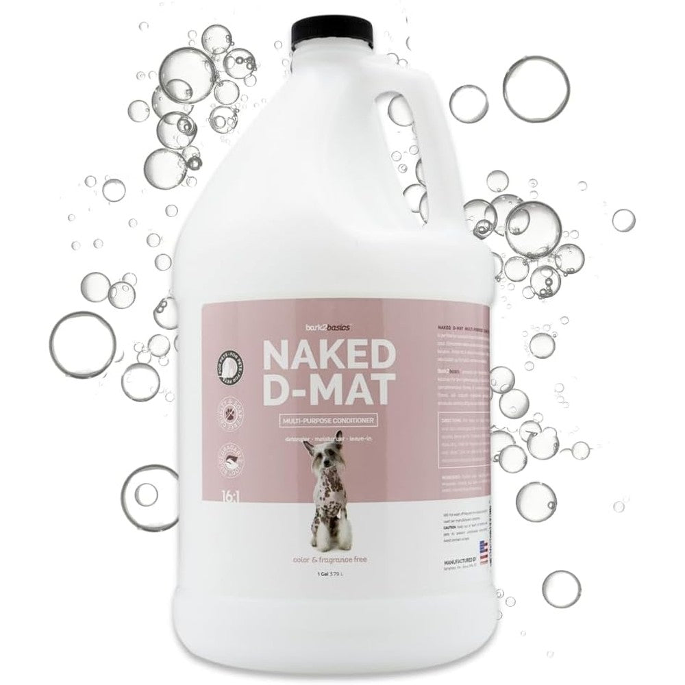 Bark2Basics Naked D-Mat dog conditioner front view showing professional grade gallon packaging.