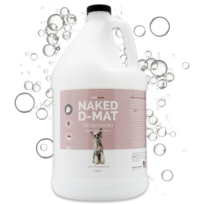 Bark2Basics Naked D-Mat dog conditioner front view showing professional grade gallon packaging.