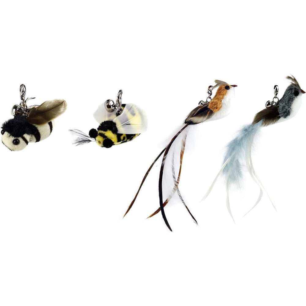 TTcat Cat Toy Wand Replacement Refills front view showing four simulation insect and bird feather attachments.