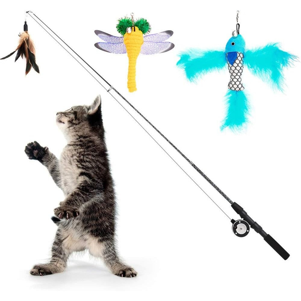 Pawaboo cat feather teaser wand front view showing full packaging and included attachments