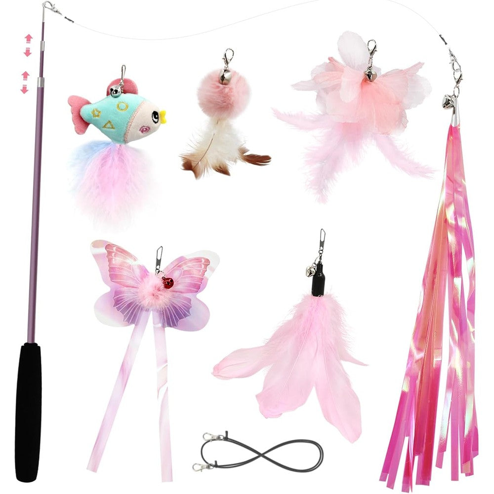 SONGWAY cat wand toy front view showing the complete pink teaser set with retractable rod.