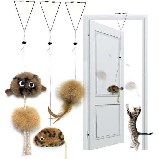 URMYONLY interactive door hanging cat toys front view showcasing the doorway clip and elastic rope.