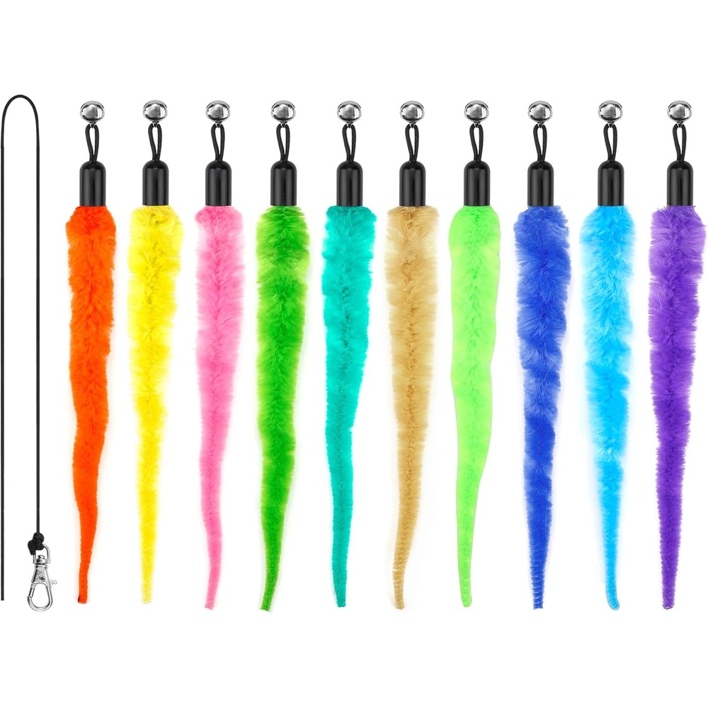 MeoHui 10 Piece Cat Worm Toy pack front view showcasing assorted colorful attachments and replacement string.