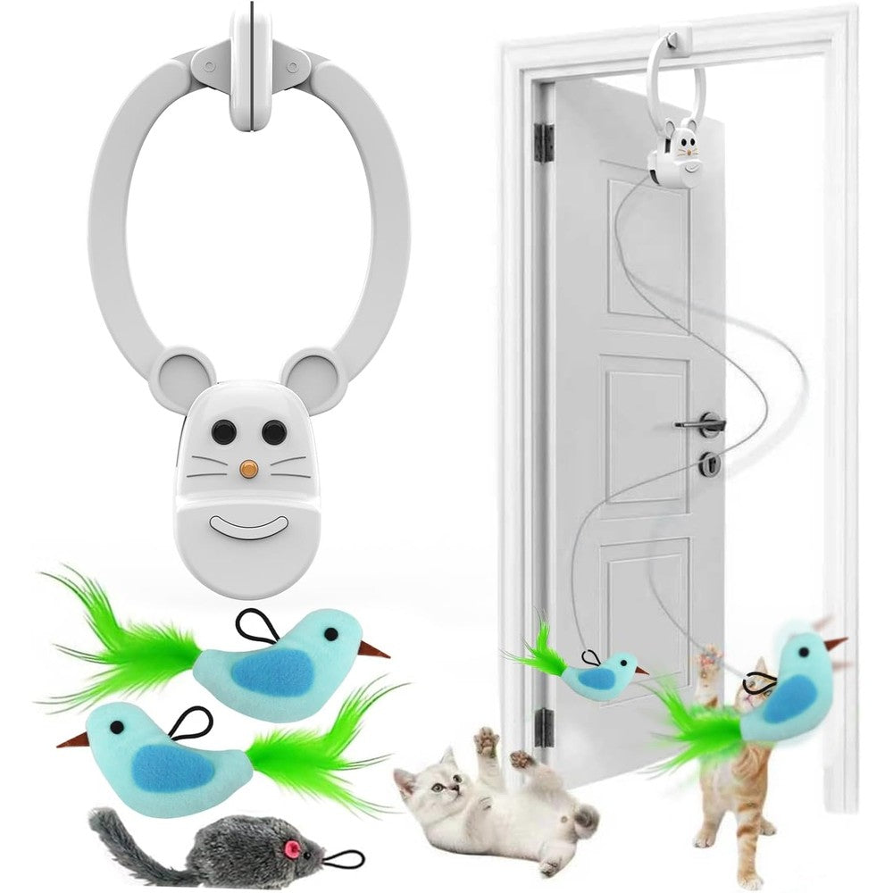 Aoioploa interactive cat toy front view mounted on a wooden door frame.