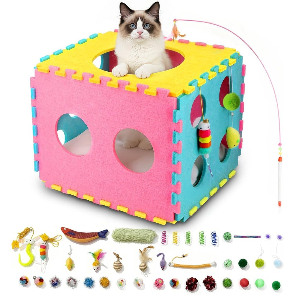 MOYMO 41 piece interactive cat toys set front view with dice shaped felt cat house cave bed