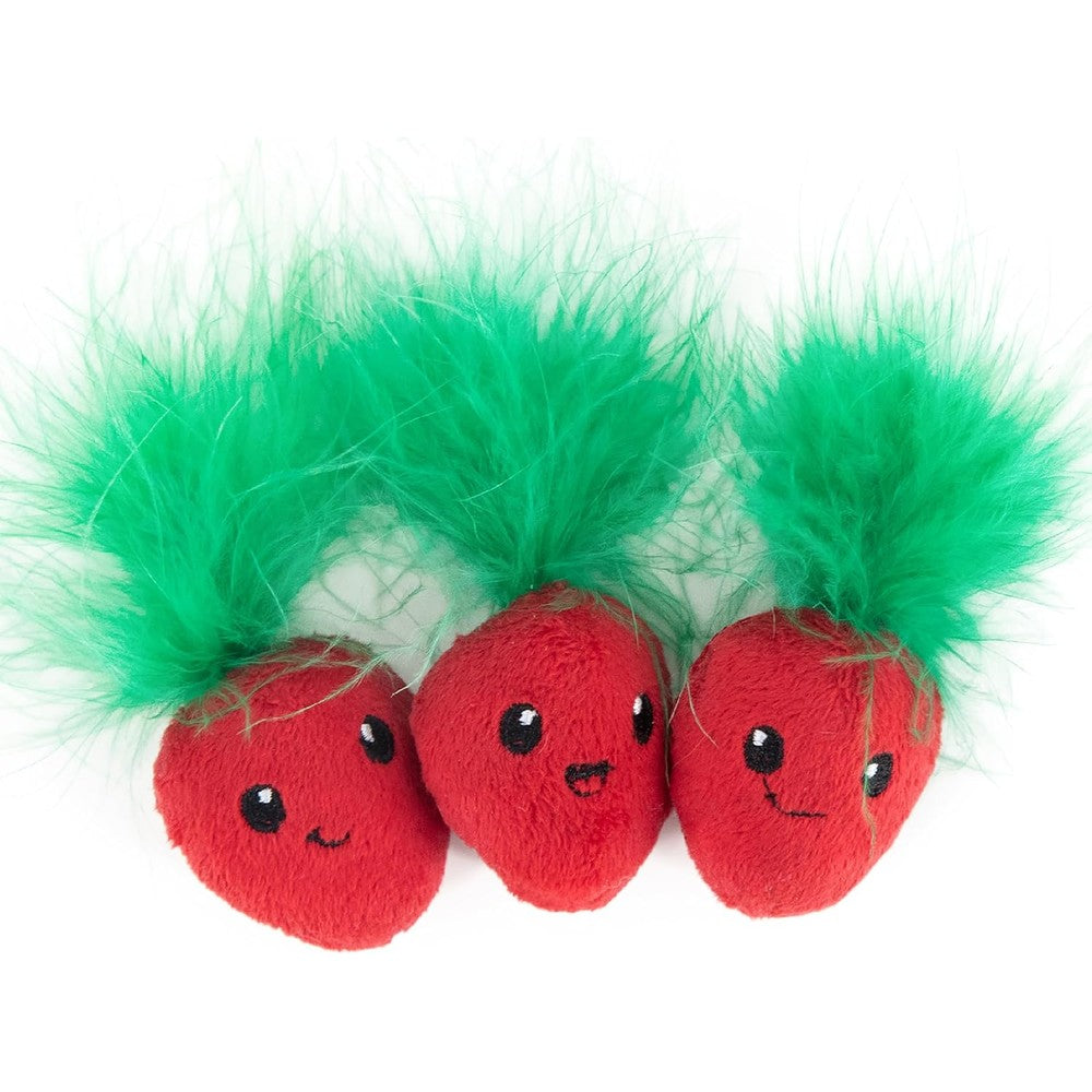 Catstages Strawbabies 3 Pack front view showing pink strawberry shaped catnip dental toys.