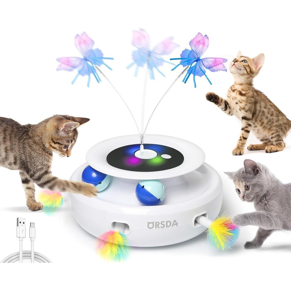 ORSDA Three In One Automatic Interactive Cat Toy front view showcasing the spinning track balls