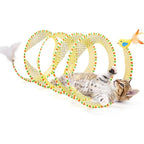 Potaroma spiral tunnel cat toy front view of yellow collapsible spring play structure for indoor cats.