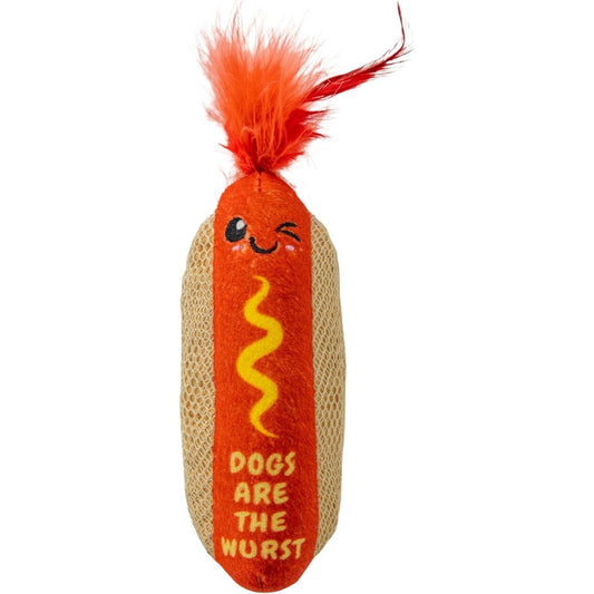 Catstages Hotdog Kicker Catnip Toy front view showing plush hot dog body and feather details.