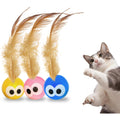 Bouncy Tails cat ball toy front view featuring natural feathers and rubber ball.