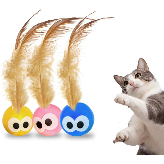 Bouncy Tails cat ball toy with natural feathers front view during interactive play