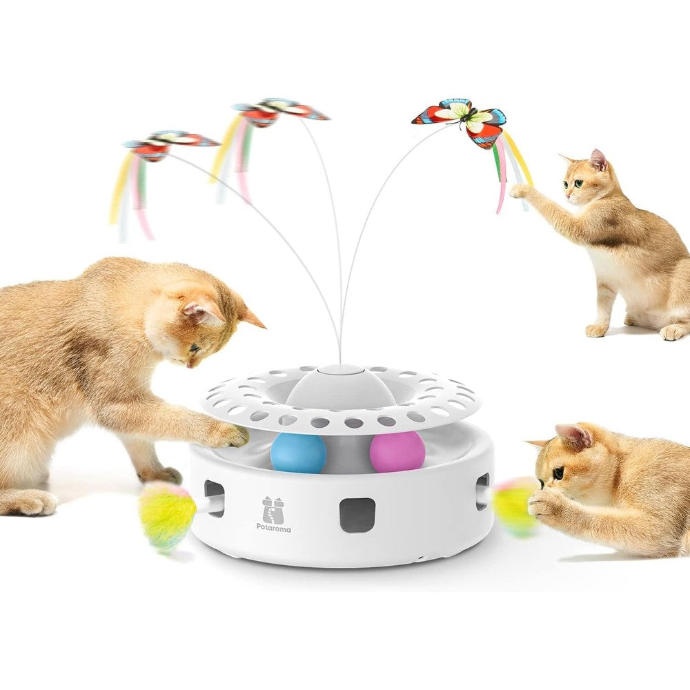 Potaroma three in one automatic interactive cat toy front view showing the fluttering butterfly attachment.