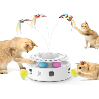 Potaroma three in one automatic interactive cat toy front view showing the fluttering butterfly attachment.