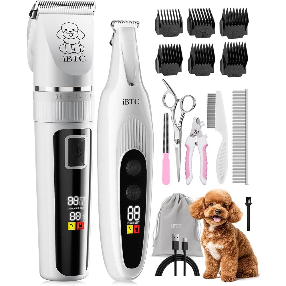 Oneisall IBTC professional dog grooming kit front view featuring the white cordless clipper and digital display.