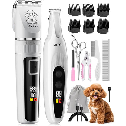 Oneisall IBTC professional dog grooming kit front view featuring the white cordless clipper and digital display.