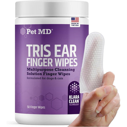 Pet MD Tris Ear Finger Wipes 50 count tub front view