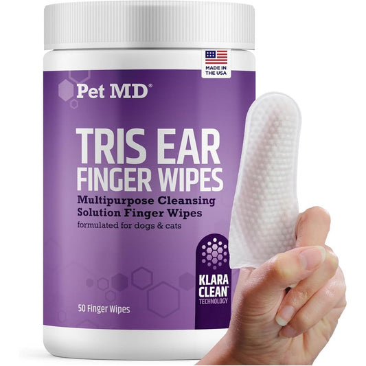 Pet MD Tris Ear Finger Wipes 50 count tub front view