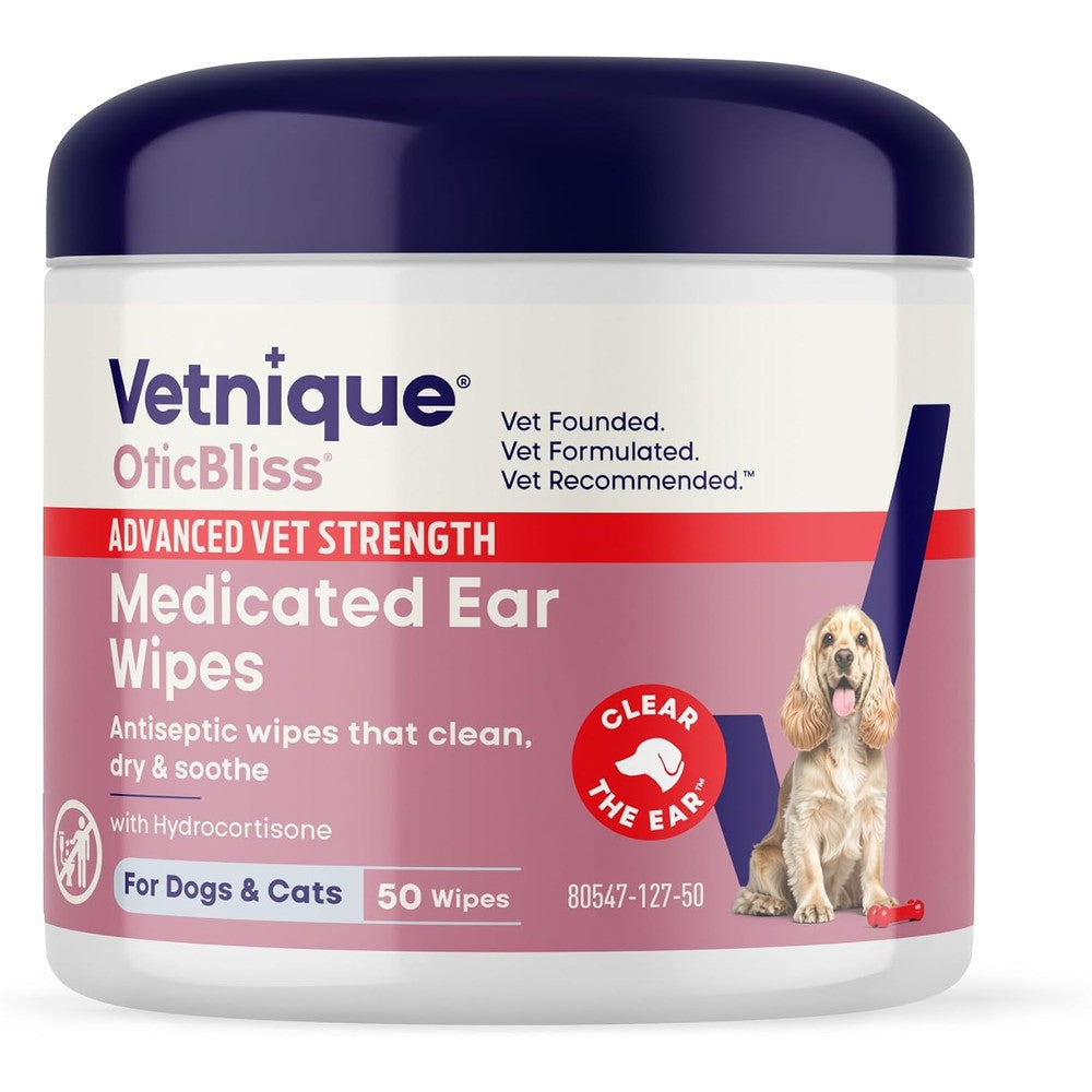 Vetnique Oticbliss medicated dog and cat ear wipes jar front view