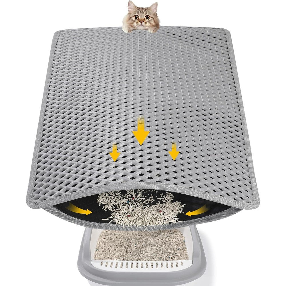 Ondware double layer cat litter mat front view placed next to a litter box trapping grey granules