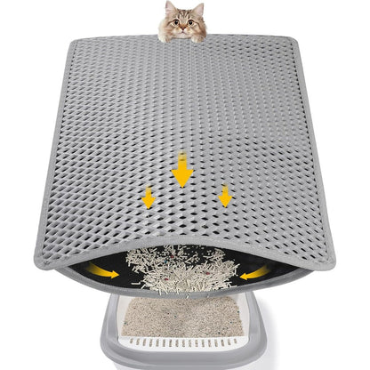 Ondware double layer cat litter mat front view placed next to a litter box trapping grey granules