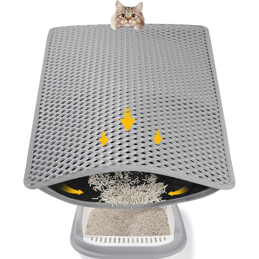 Ondware double layer cat litter mat front view placed next to a litter box trapping grey granules