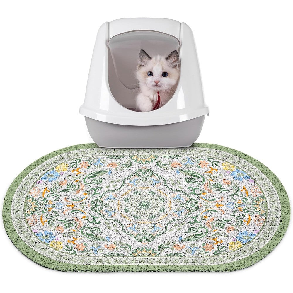 Bienbee Cat Litter Mat front view showing bean green vintage pattern