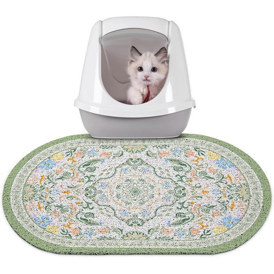 Bienbee Cat Litter Mat front view showing bean green vintage pattern