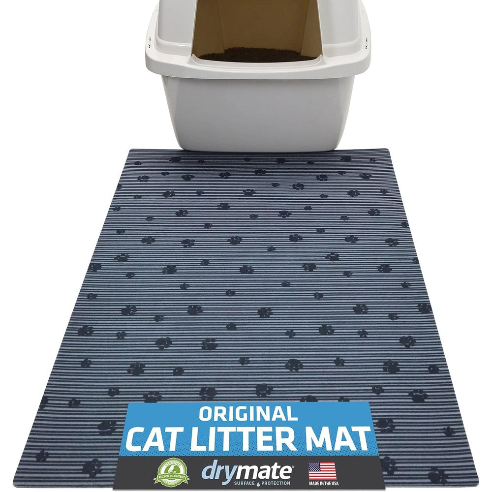 Drymate cat litter box mat front view gray paw striped design.