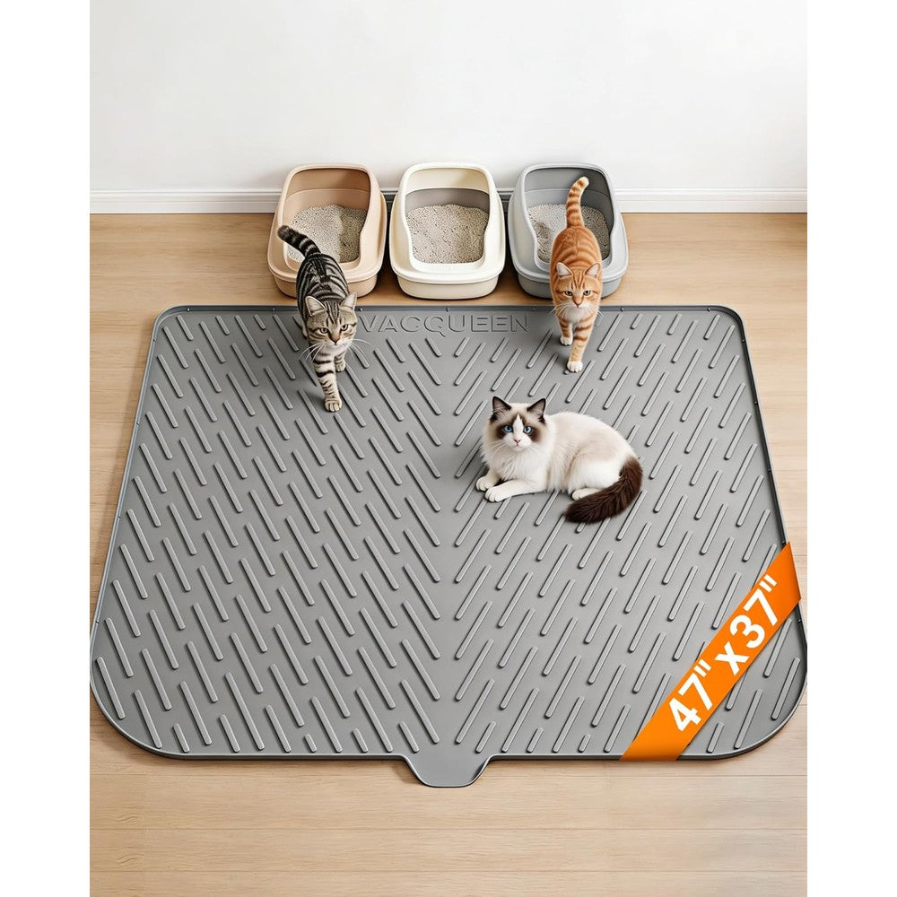 Vacqueen Cat Litter Box Mat front view showing the textured grey surface under a litter tray.