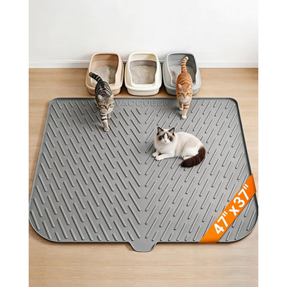 Vacqueen Cat Litter Box Mat front view showing the textured grey surface under a litter tray.