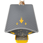 Powools cat litter mat front view showcasing the grey double layer honeycomb design near a litter box.