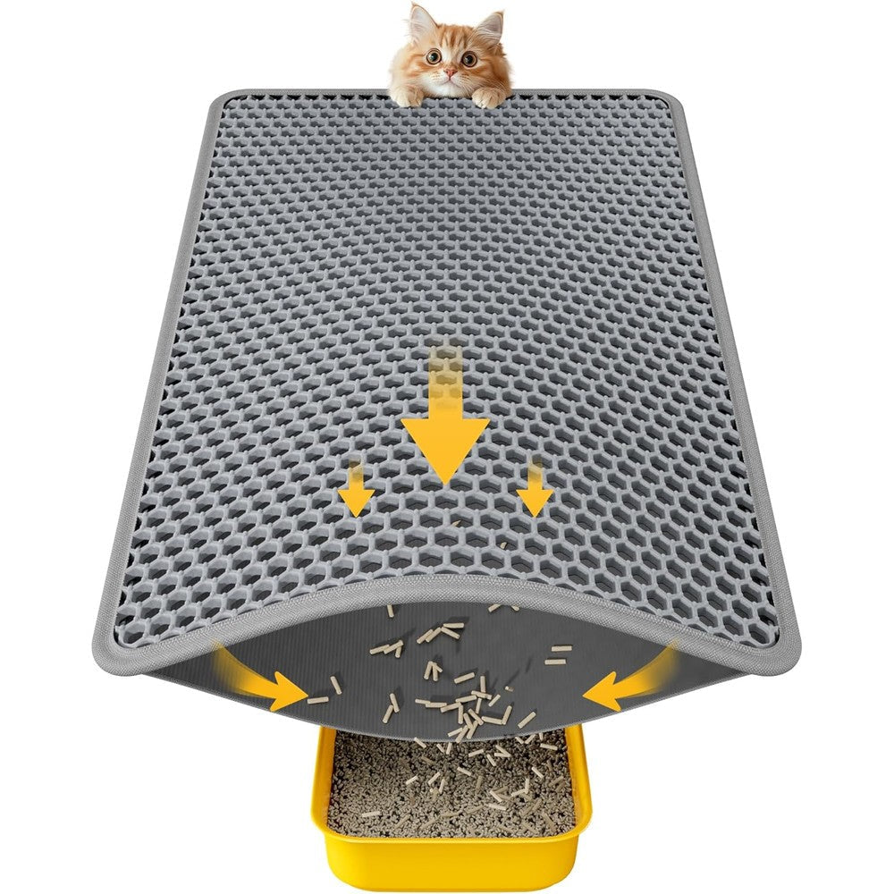 Powools cat litter mat front view showcasing the grey double layer honeycomb design near a litter box.