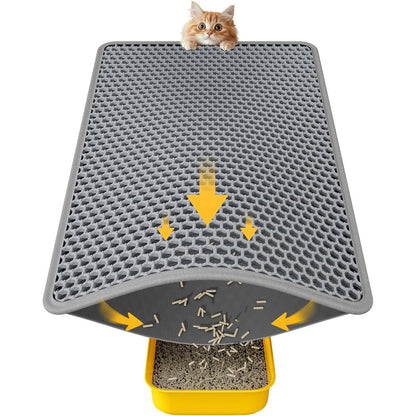 Powools cat litter mat front view showcasing the grey double layer honeycomb design near a litter box.
