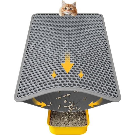 Powools cat litter mat front view showcasing the grey double layer honeycomb design near a litter box.