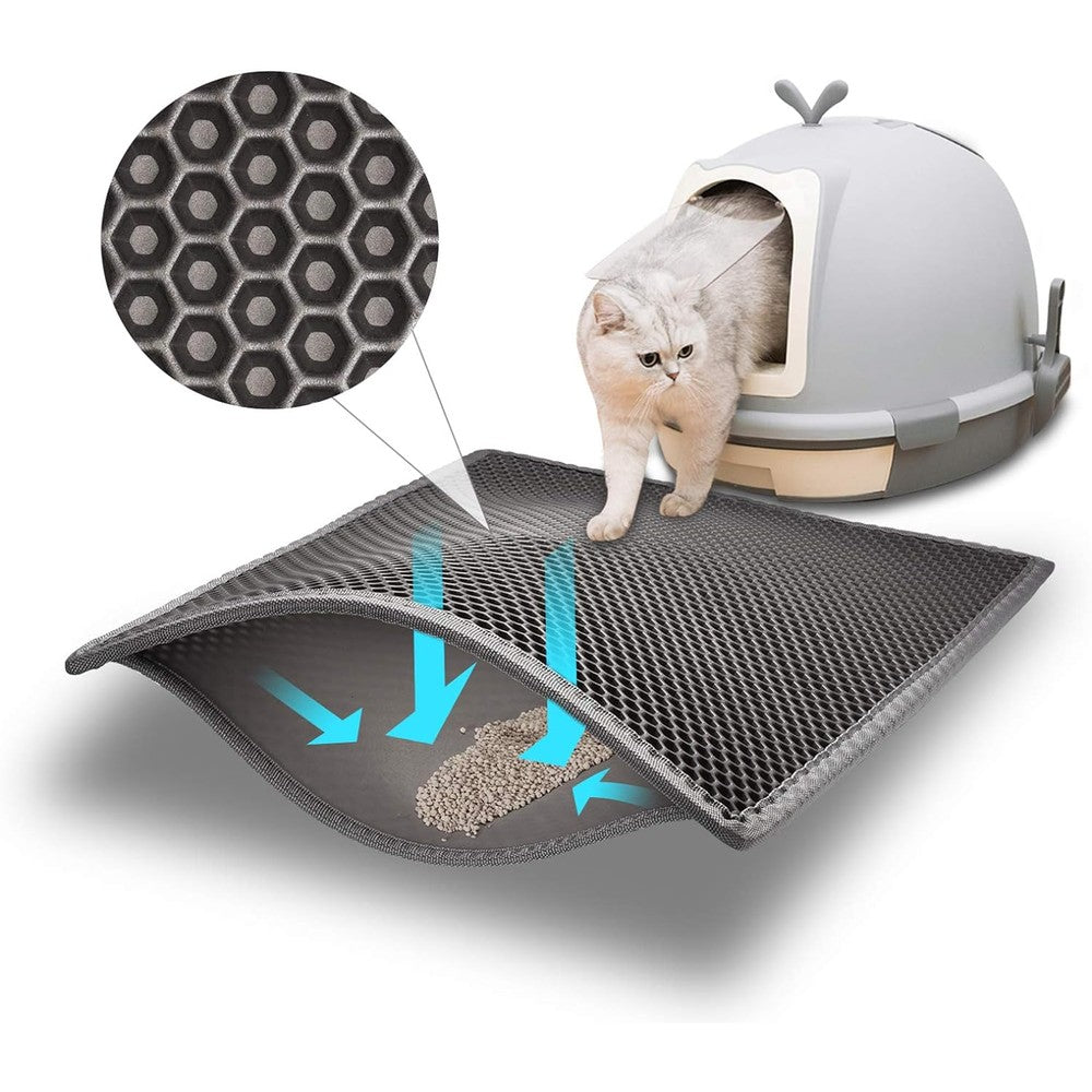 Pieviev cat litter mat front view showing grey honeycomb design