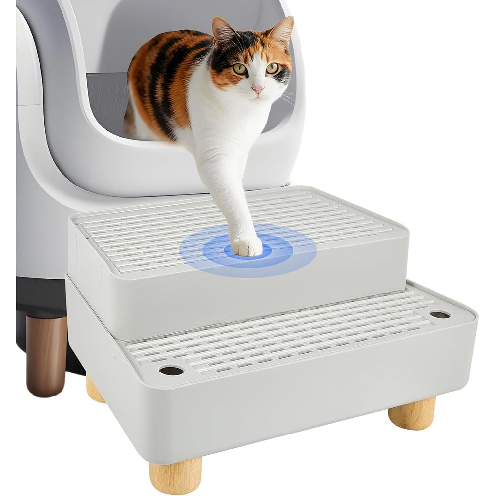 SpaceTime Elevated Cat Litter Trapping Mat front view showing the grey dual-layer grid design and wooden base