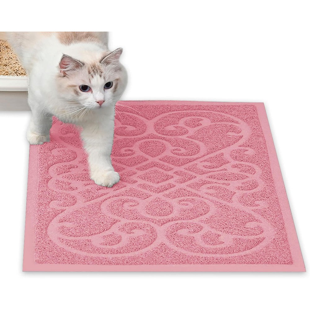PetLike cat litter box mat front view displaying pink color and textured loop design