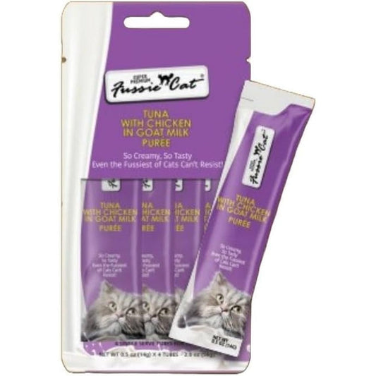 Fussie Cat Premium Tuna with Chicken in Goat Milk Puree Cat Treats four pack front view