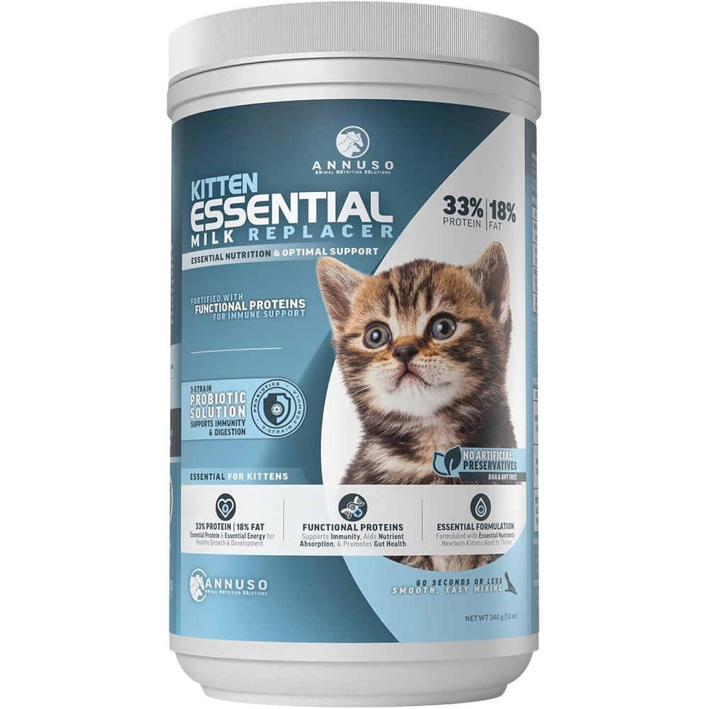 Annuso Kitten Essential Milk Replacer front view packaging showing 12oz container.