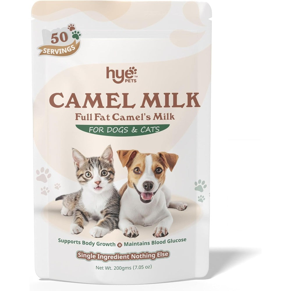 HYE Pets Full Fat Camel Milk Powder packaging front view showing premium dog and cat food supplement.
