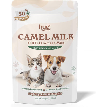 HYE Pets Full Fat Camel Milk Powder packaging front view showing premium dog and cat food supplement.