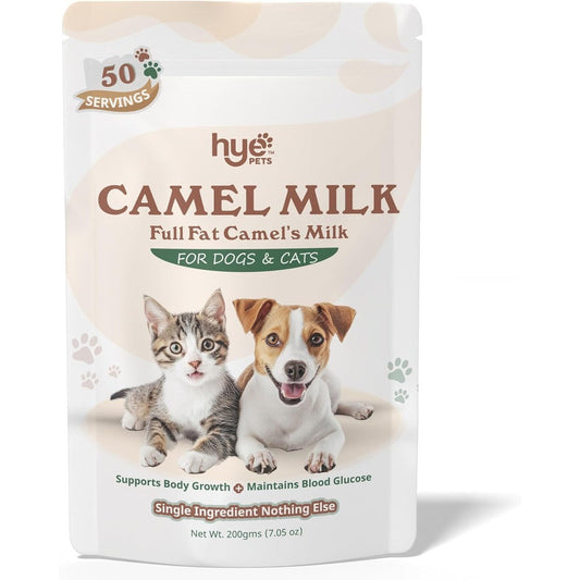 HYE Pets Full Fat Camel Milk Powder packaging front view showing premium dog and cat food supplement.