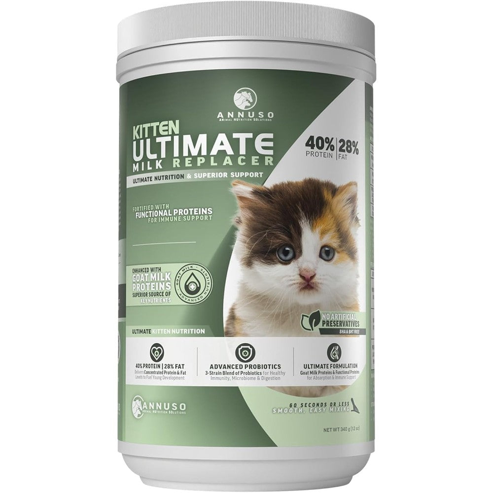 ANNUSO Kitten Ultimate Milk Replacer powder front packaging view for newborn cat nutrition.