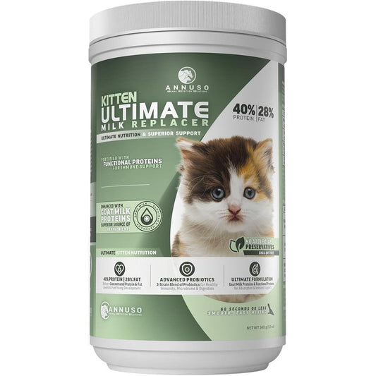 ANNUSO Kitten Ultimate Milk Replacer powder front packaging view for newborn cat nutrition.