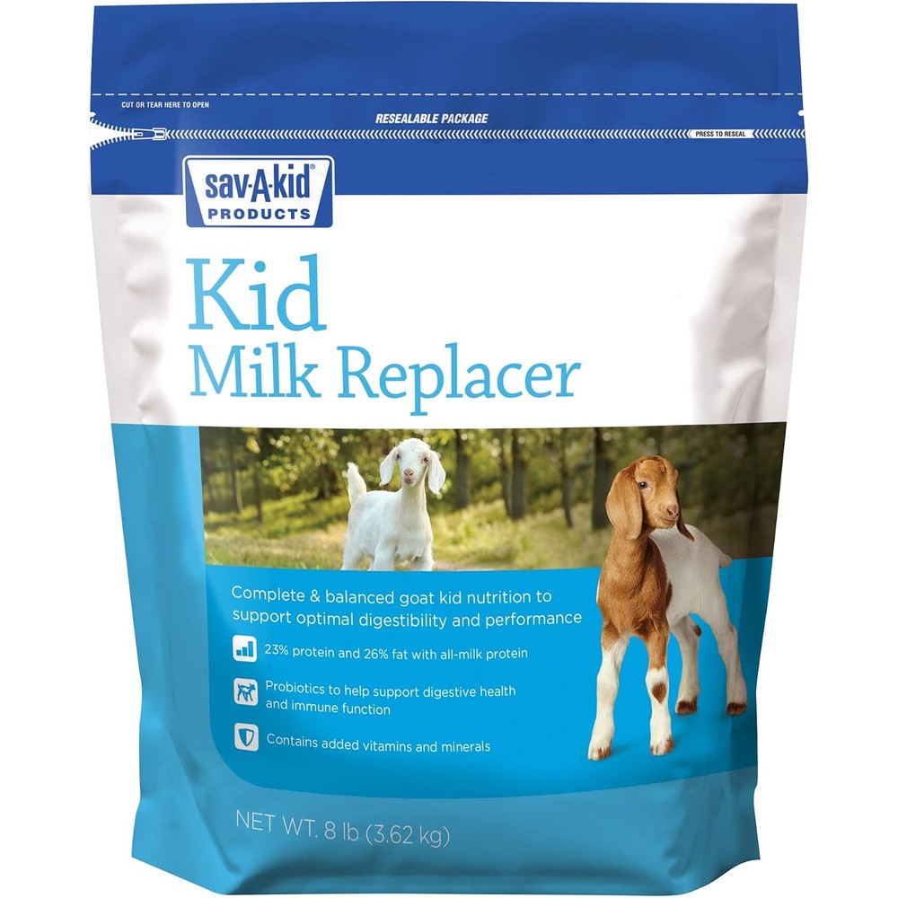 Sav-A-Caf Sav-A-Kid Goat Milk Replacer 8 Pound bag front view premium livestock feed.
